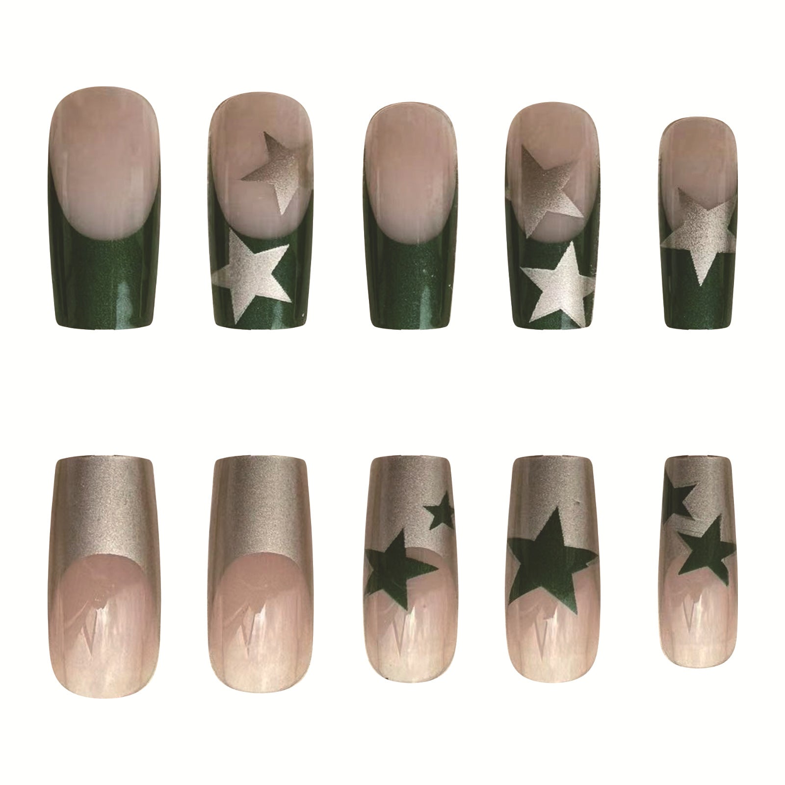 Rock Metal Green Silver Asymmetrical French Nails with Stars