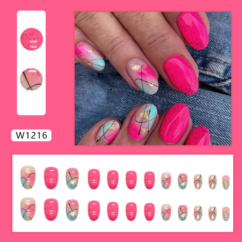 Oval Dragon Fruit Irregular Lines Ombre Nails, Summer Fresh Colors