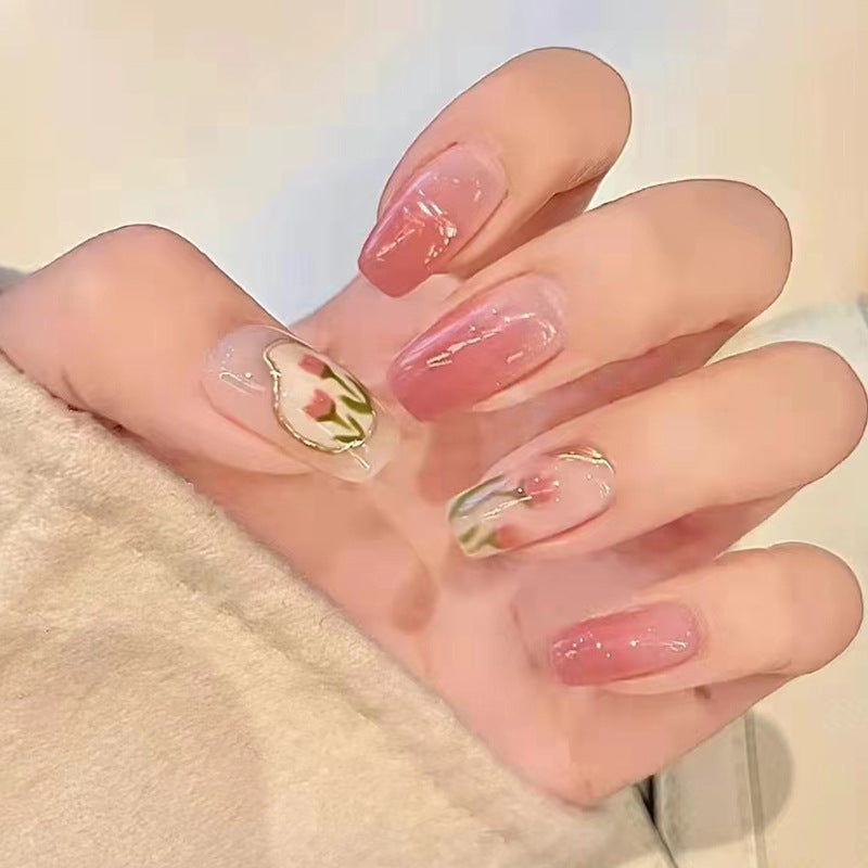 Ballet Nails with Gradient Tulip Flowers - Removable Fashion Manicure