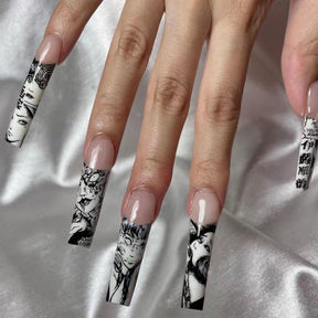 XXL Black and White Cartoon Horror French Nails