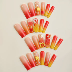 Ombre Yellow-Red Nail Tips with Bear and Star Designs