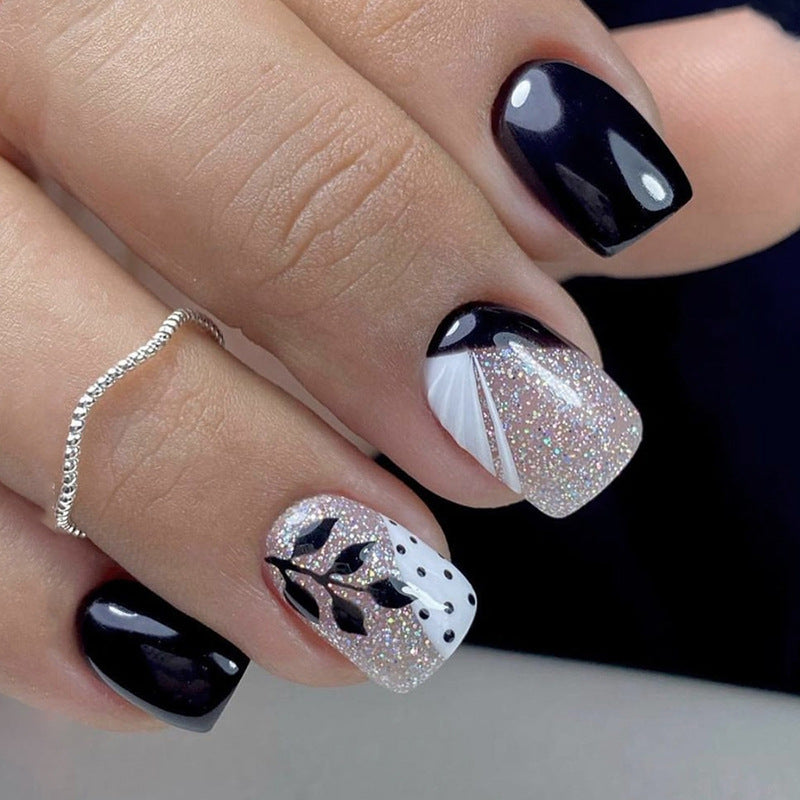 Short Square Black Leaf Nails, Fashionable and Chic