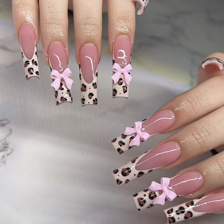 Classic Leopard Print Nails with Pink Bow