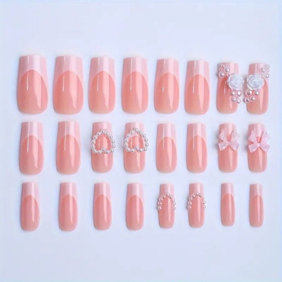 Cute Pink French Nails with 3D Rose and Pearl Chain