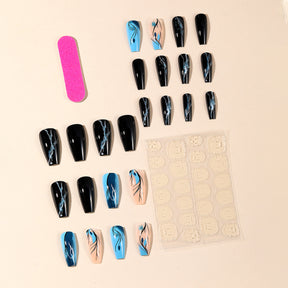 Short T-Shape Black Blue Irregular Stripe Plant Flower Press-On Nails