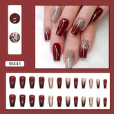 Flashy Gold Glitter Wine Red Bride Nails, Medium Length for Festivals