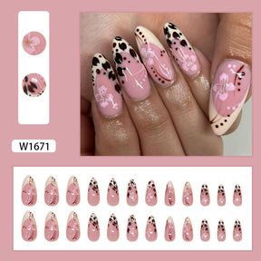 Removable Almond Nail Stickers with Leopard Print and Blossoms