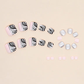 Shiny Zebra Pattern Bicolor Toe Nails Black White Sweet Cool