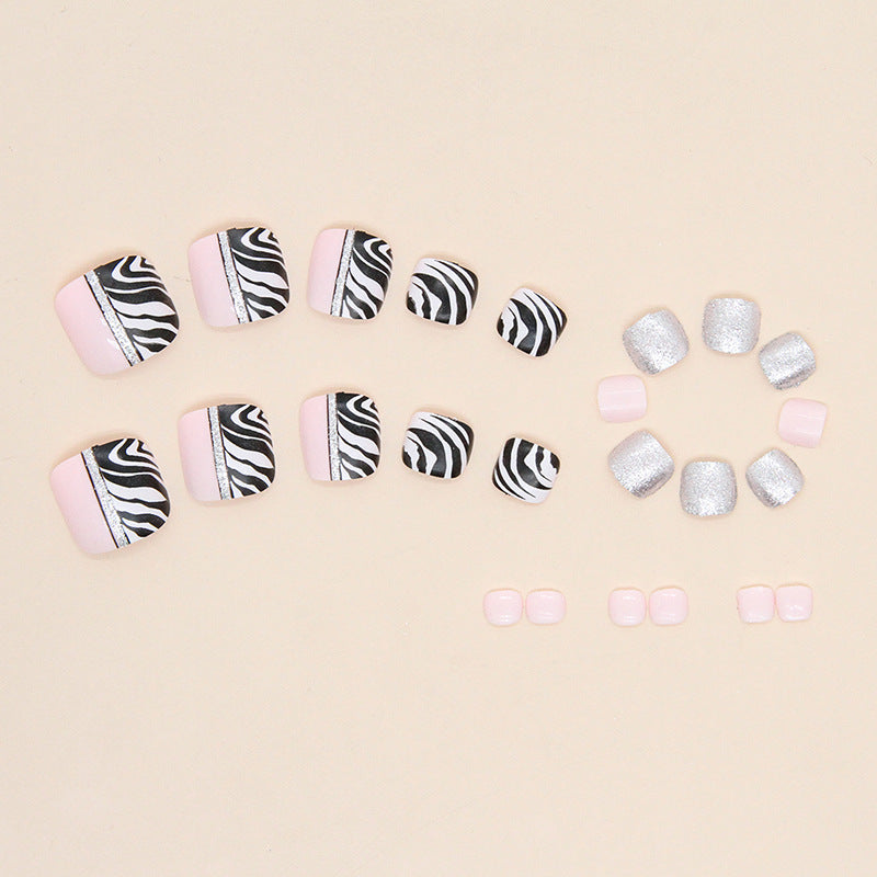 Shiny Zebra Pattern Bicolor Toe Nails Black White Sweet Cool