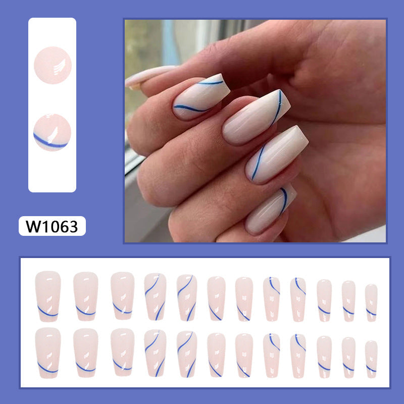 Mid-Length Ballet Nails, Deep Blue Irregular Stripes, INS Style