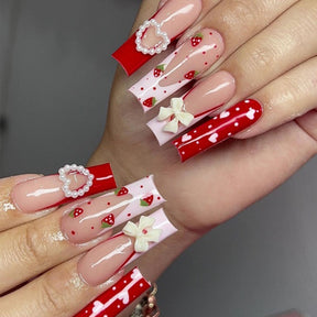 Chic Edgy Long Press-On Nails - Heart Bow Strawberry French