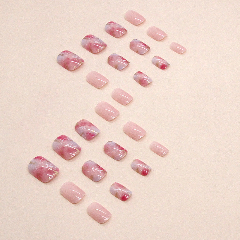 Short Cherry Blossom Ombre Nails with Gold Foil, Sweet Ins Style