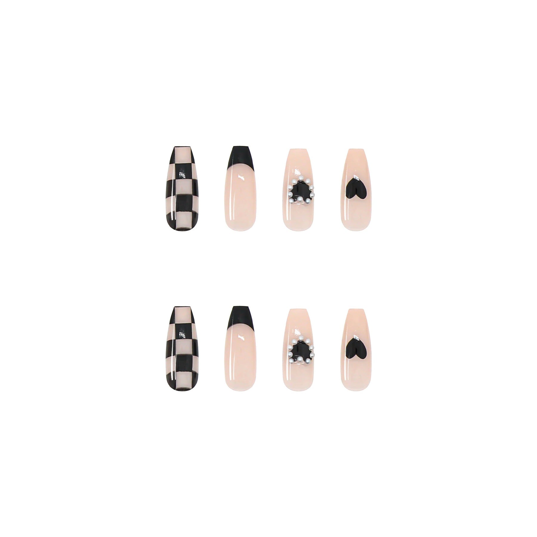 Black Checkerboard Heart Long Ballet Removable Nail Tips