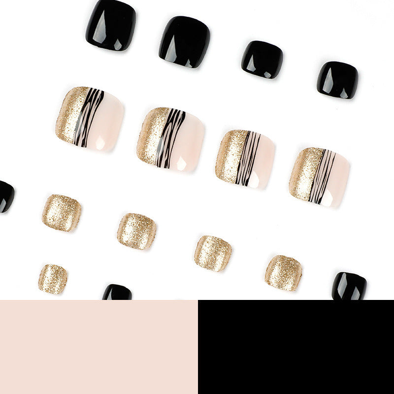 Summer Black Line Gold Powder Press-On Toe Nails - Wholesale