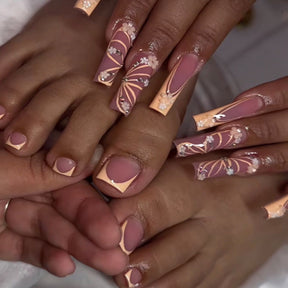 Unique Ginger Yellow French Nails with Butterflies and Flowers