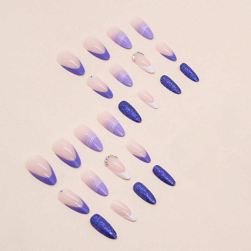 Sparkling Blue-Pink Studded Almond Fall Nails