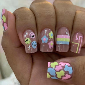 Colorful Summer Cute Childish Flower Smiley Mid-Length Square Nails Removable Wearable Nails