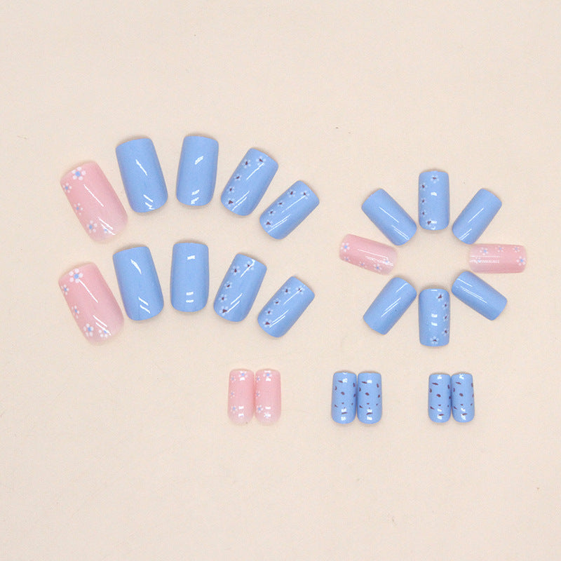 Blue Summer Fresh Nails Floral Mid-Length Wearable Nails Sweet Girl Fake Nails