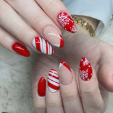 Christmas Almond Red White French Snowflake Removable Nails