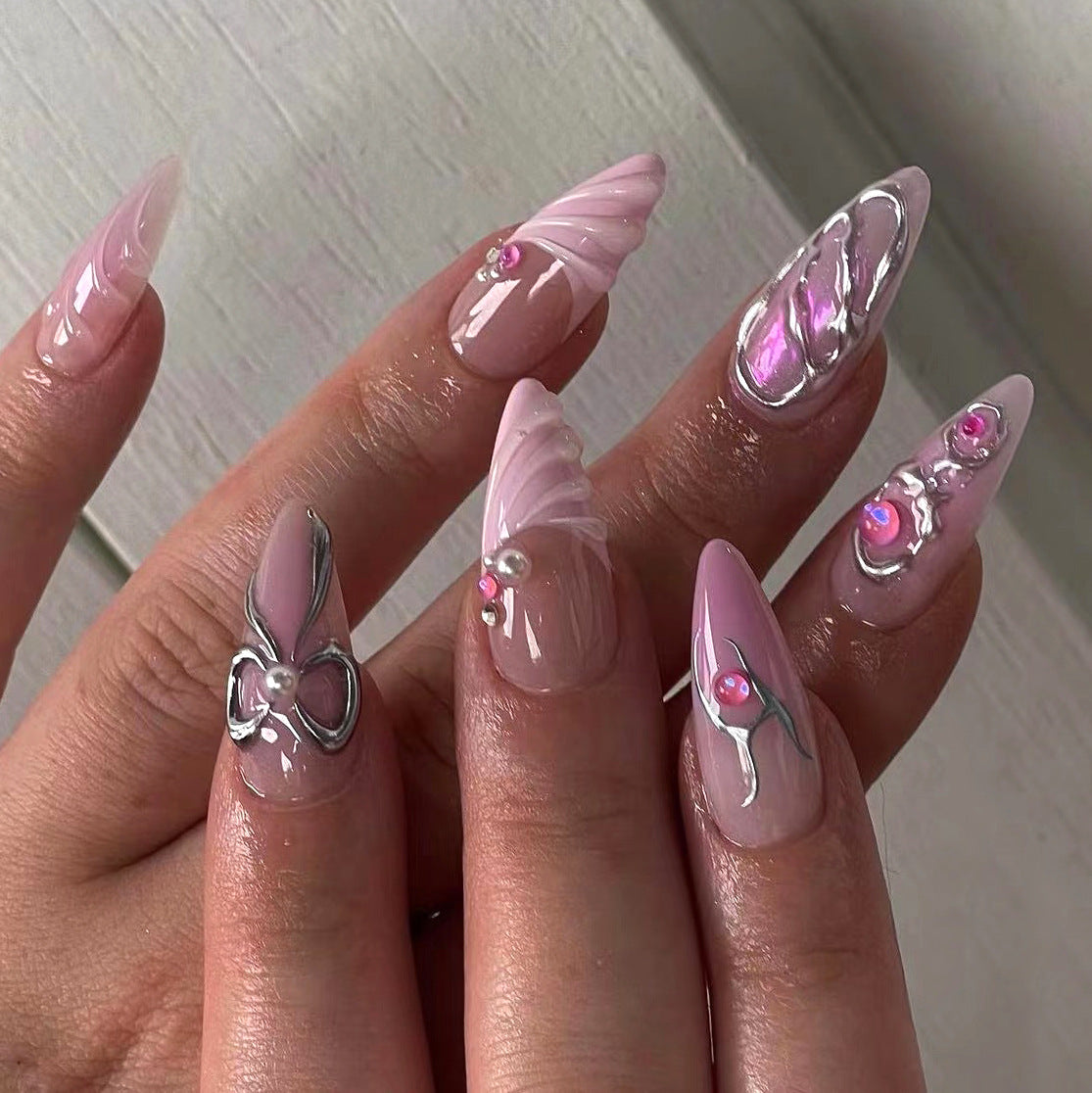 3D Bow Handmade Mirror Pink Silver Nail Tips