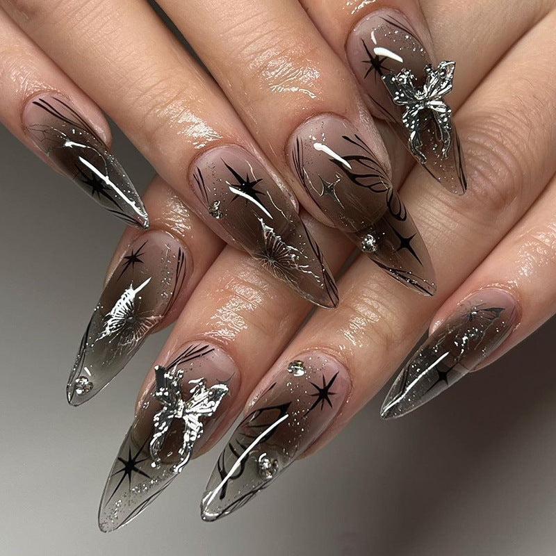 Black Nude Ice Silver Bow Nails