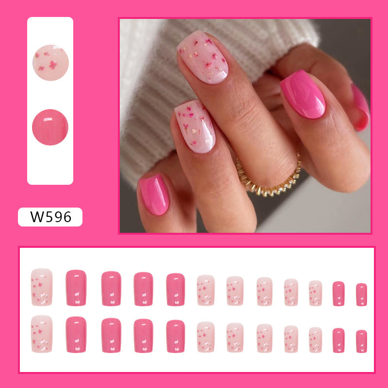 Cute Spring Flower Nails Mid-Length Euro Square Bright Pink Whitening Wearable Nails