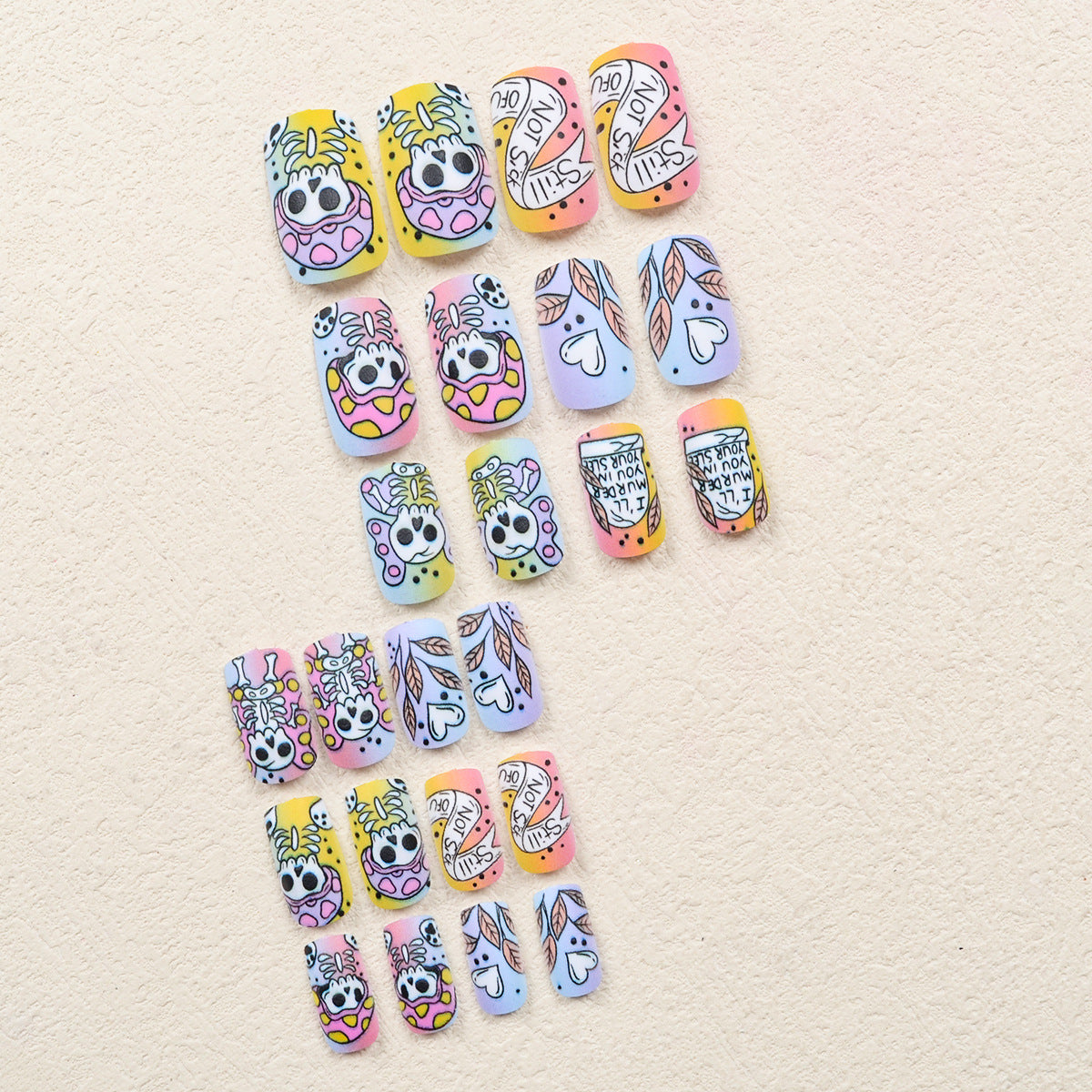 Cute Cartoon Skull Halloween Nails, Colorful Gradient