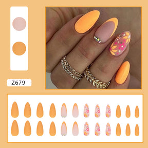 Round Almond Nails Matte Retro Flower Apricot Solid Color Wearable Nails