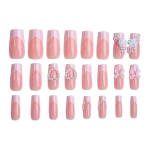 Cute Pink French Nails with 3D Rose and Pearl Chain