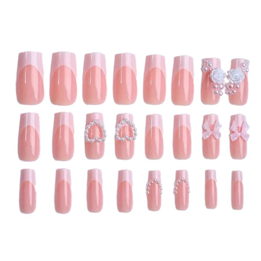 Cute Pink French Nails with 3D Rose and Pearl Chain