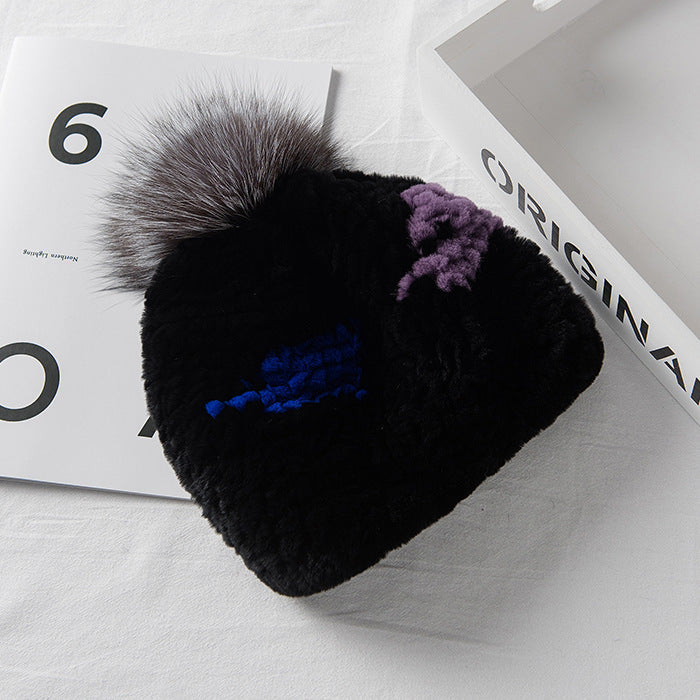 Winter Fashion Real Rabbit Fur Hat with Fox Pom Pom