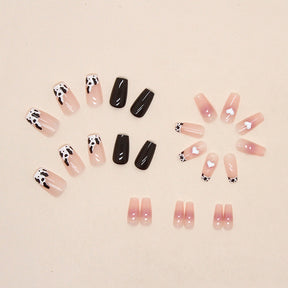 Short Ballet Blush Heart Cow Print French Fall Nails, 24-Piece Set