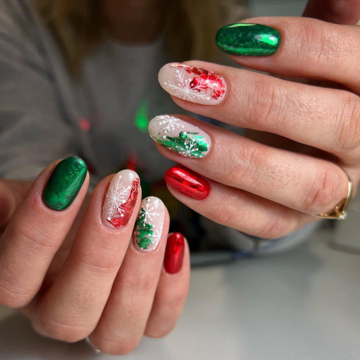 Christmas Red, Green, and White Nails, Snowflakes and Berries