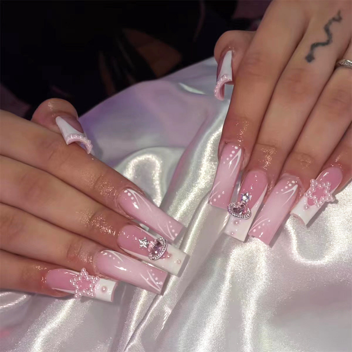 Water Pipe French Nails with 3D Star Decorations