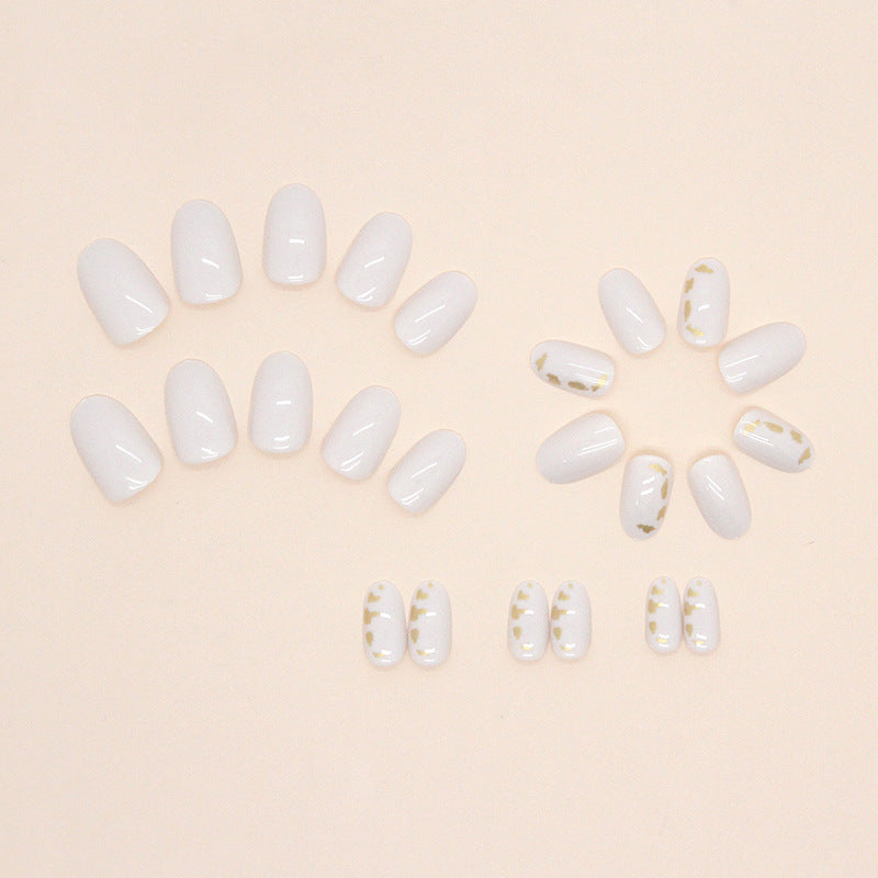 Round Oval Gold Foil Milk White Pure Desire Nails Sweet Girl Slimming Wearable Nails