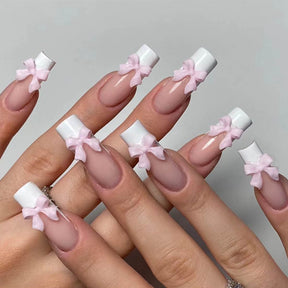 Removable White French Pink Bow Nail Tips