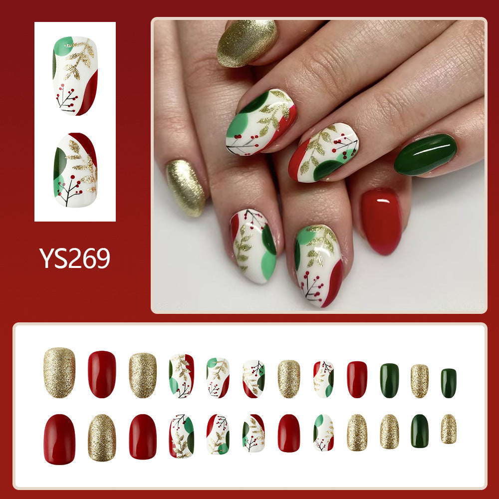 Shiny French Christmas Nails - Red, Green, Leaves, Flowers