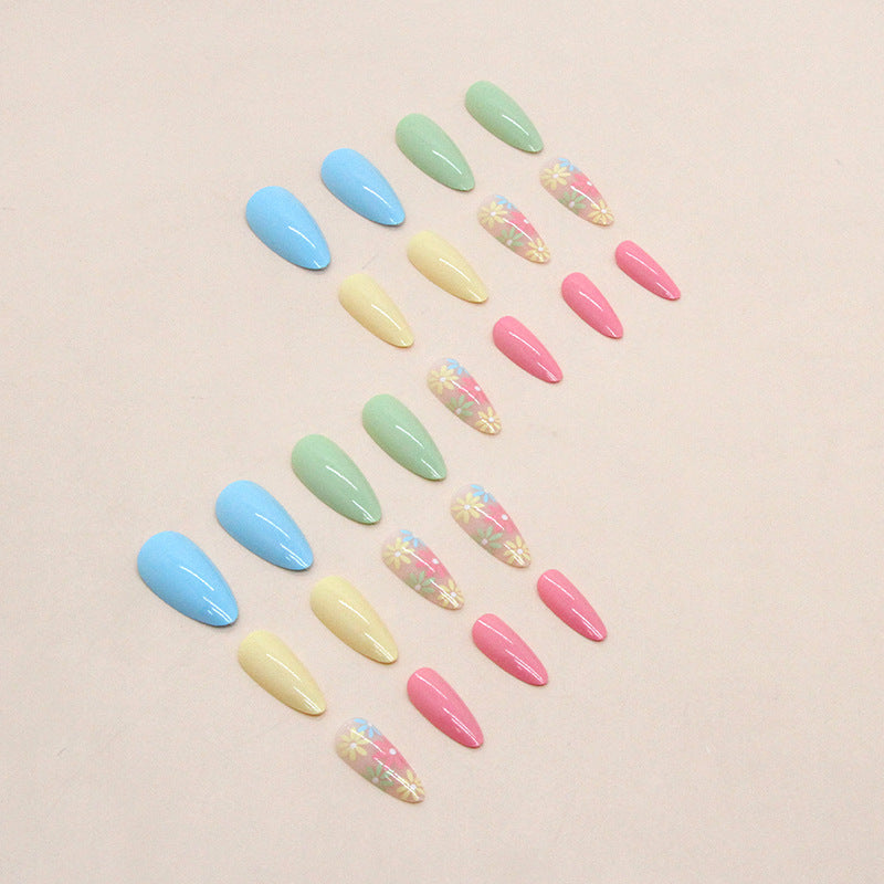 Summer Fresh Multi-Color Rainbow Flower Nails Cute Girl Sunflower Wearable Nails