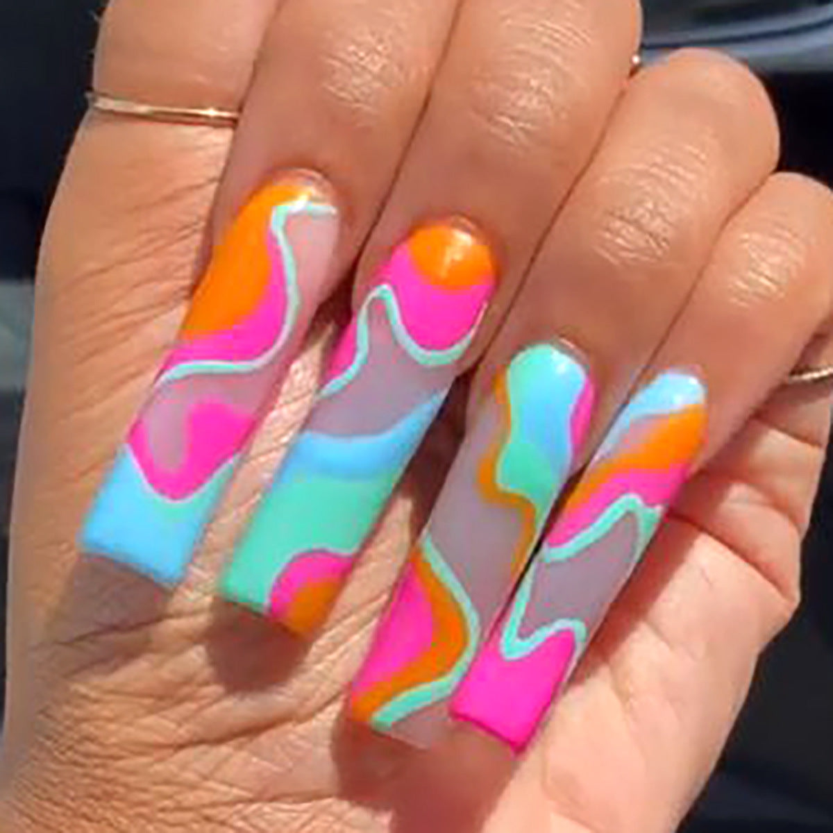 Colorful Striped Geometric Nail Tips, Ready-Made