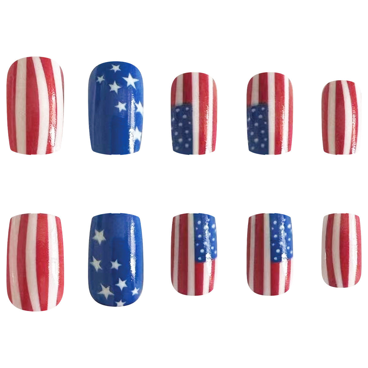 4th of July Red White Blue French Square Nails with Flag Design