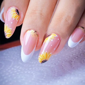 New Summer French Almond Nails with 3D Sunflowers