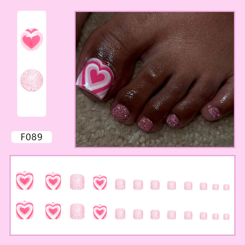 Pink Shiny Full Set Heart Impact Toe Nails Adorable