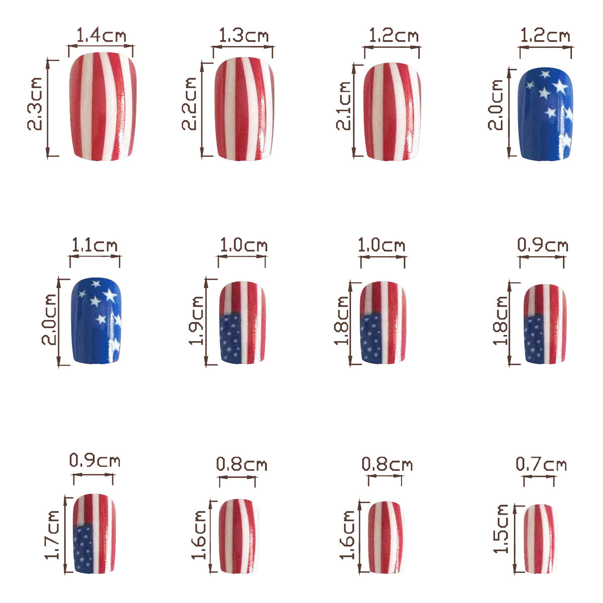 4th of July Red White Blue French Square Nails with Flag Design