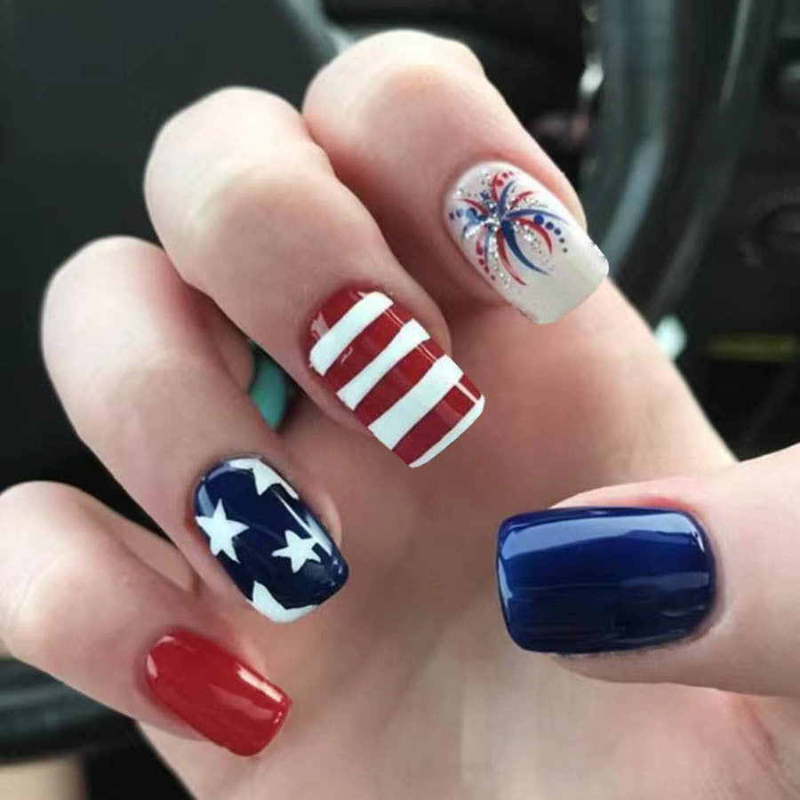 Popular Flag-Style Nails with Red and Blue Accents