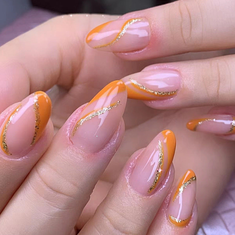 Almond Nails Super Glitter Lines Orange French Edge Fashionable Fake Nails Wholesale