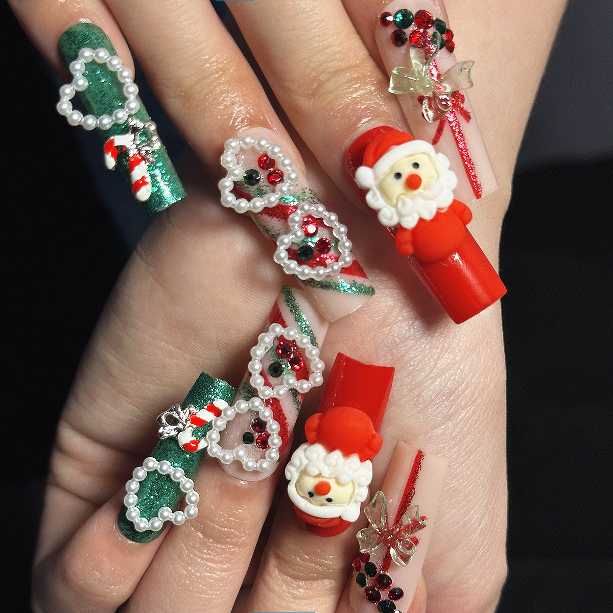 Christmas French Ballet Pearl Heart Diamond Santa Nail