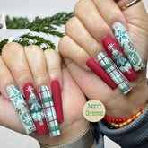 Christmas Tree Grid Striped Snowflake Red Press-On Nails