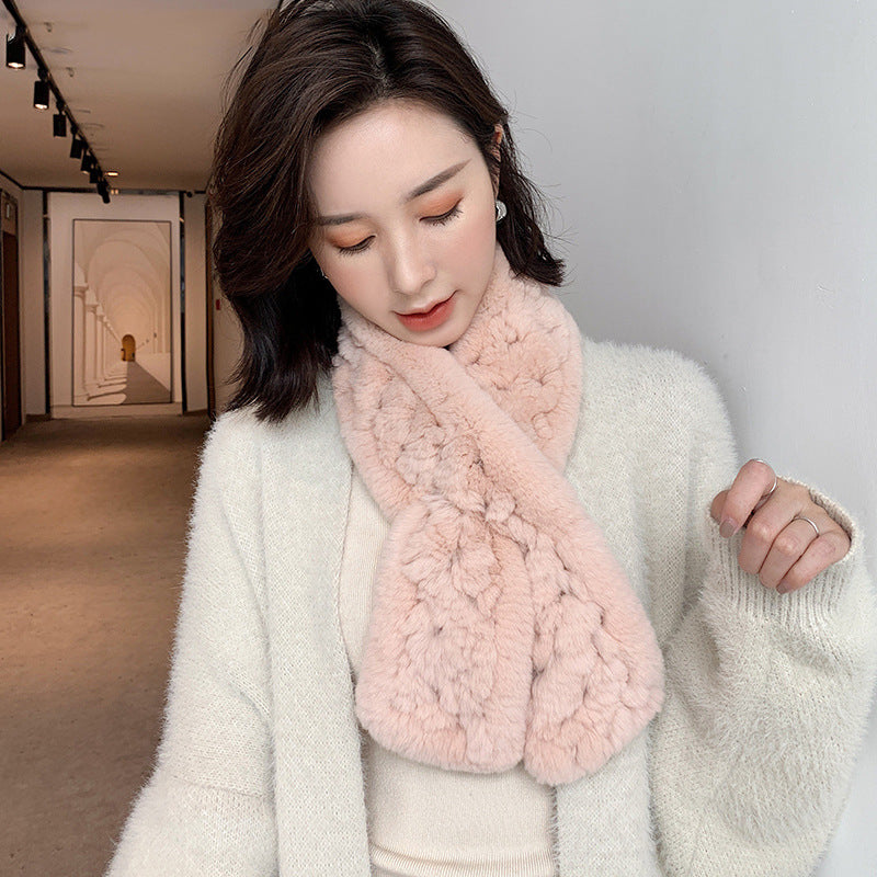 Real Rabbit Fur Scarf with Diamond Pattern - Winter Warmth