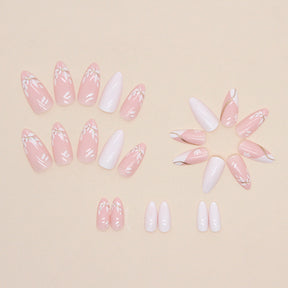 Soft Pink Desire White French Falling Petal Nails Almond Shape Ready-to-Wear Nails Wholesale