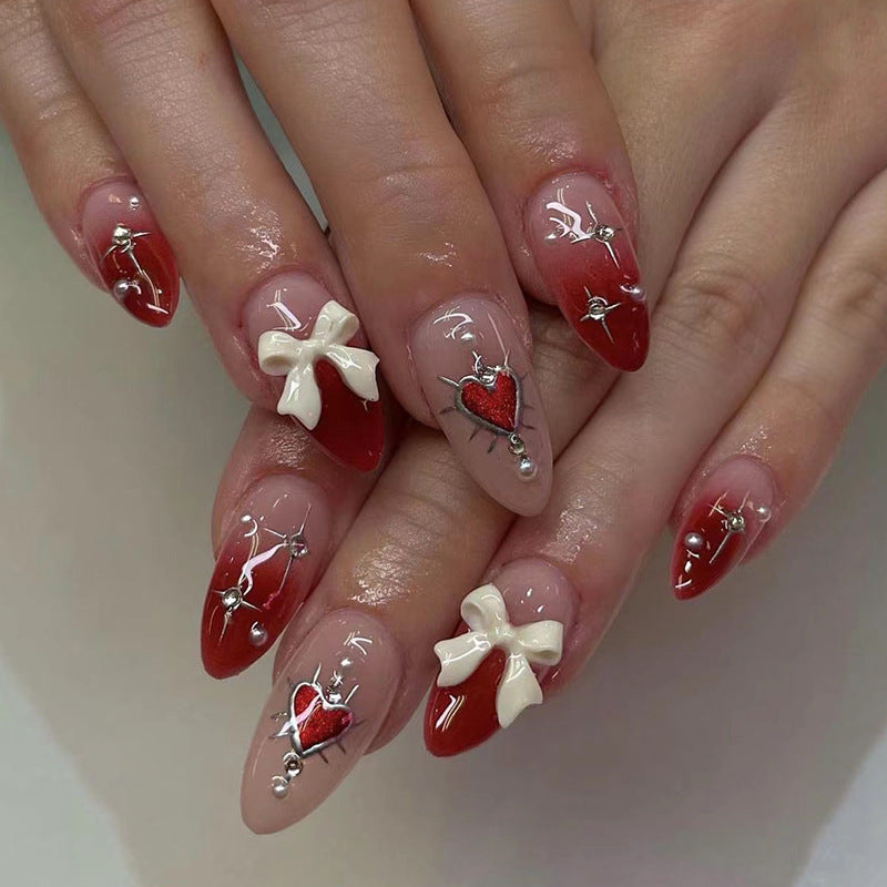 Valentine's Bow Pearl Nails, Red Heart Gradient